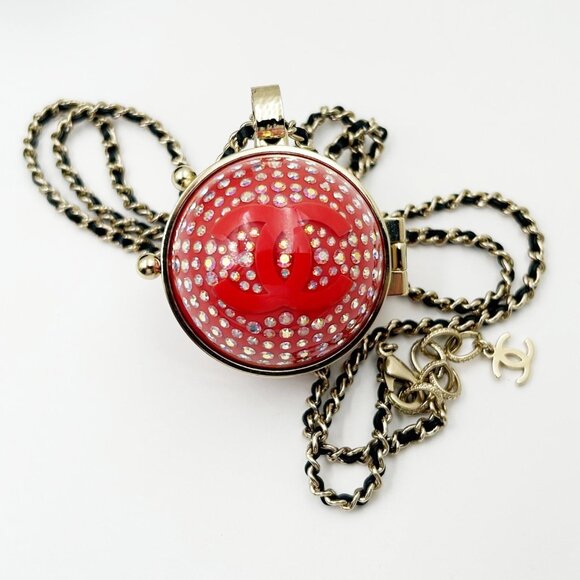 Chanel Red Ball Crystal Mirror Locket Necklace - Picture 1 of 6